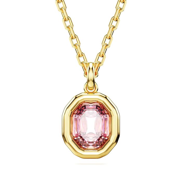Colar Swarovski dourado com pedras cristal cor de rosa.