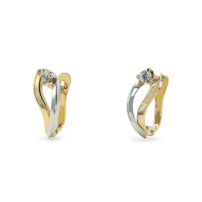 argolas douradas e prateadas da Zerus de dois aros sinuosos que se ligam a uma zircónia branca.