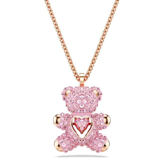 Colar Feminino com pendente ursinho cor de rosa com cristais Swarovski e um coração no meio do urso.