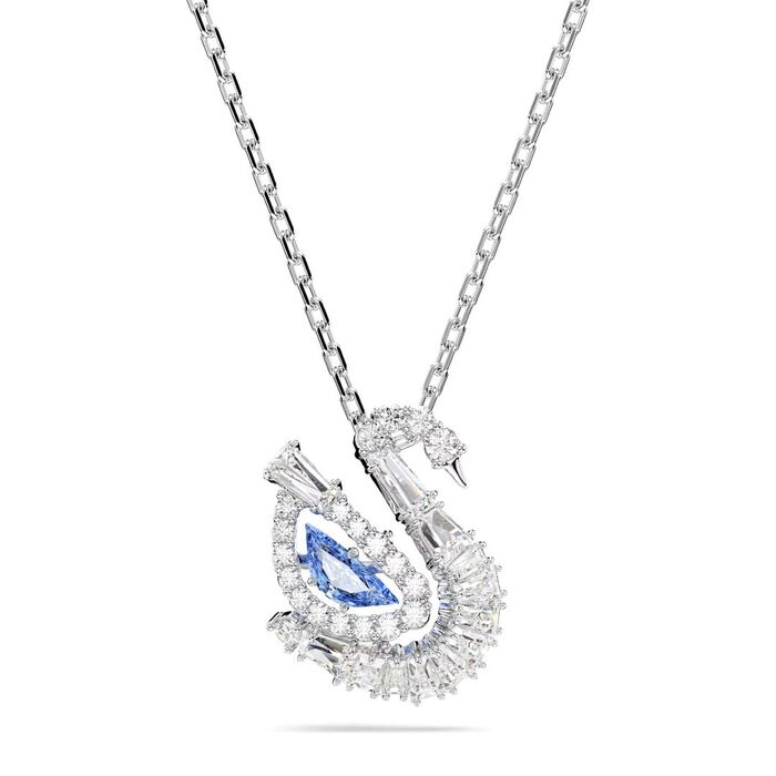Colar Swarovski feminino com o pendente do cisne da marca com cristais swarovski azuis e brancos.