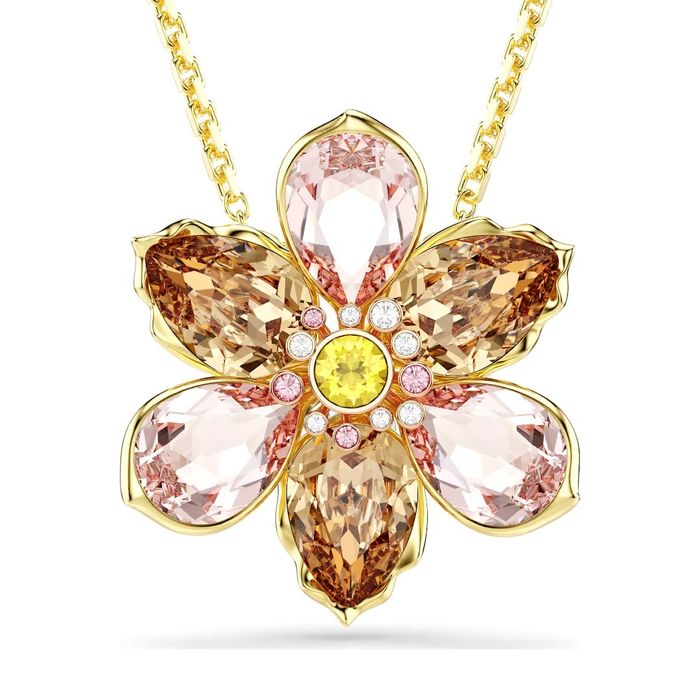 Colar Swarovski com pendente de uma grande flor com cristais de várias cores.