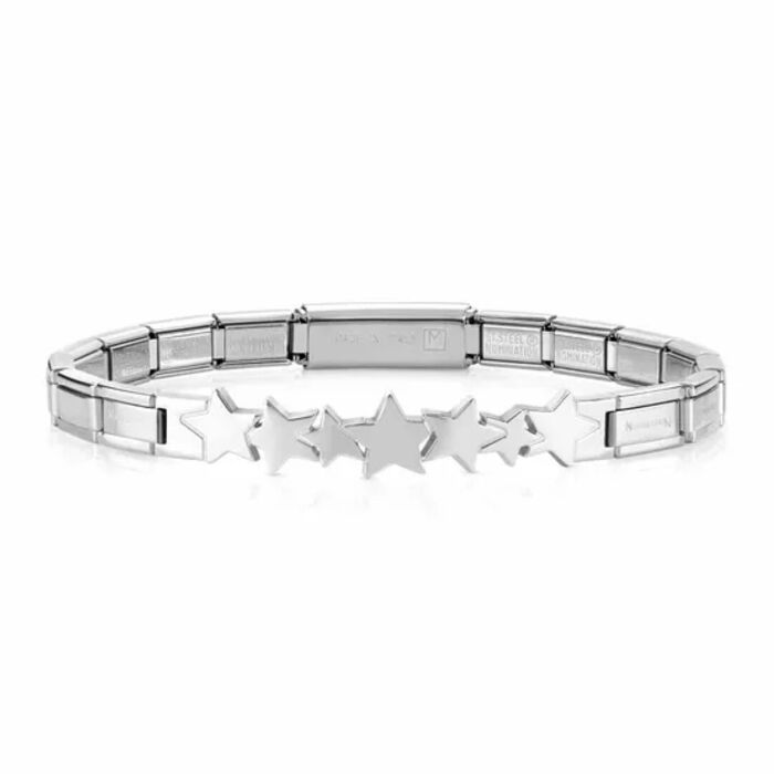 Pulseira prateada Nomination, com malha em links e frente com sete estrelas de tamanhos diferentes.