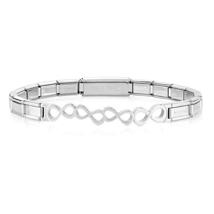Pulseira prateada Nomination, com malha em links e frente com símbolos do infinito.