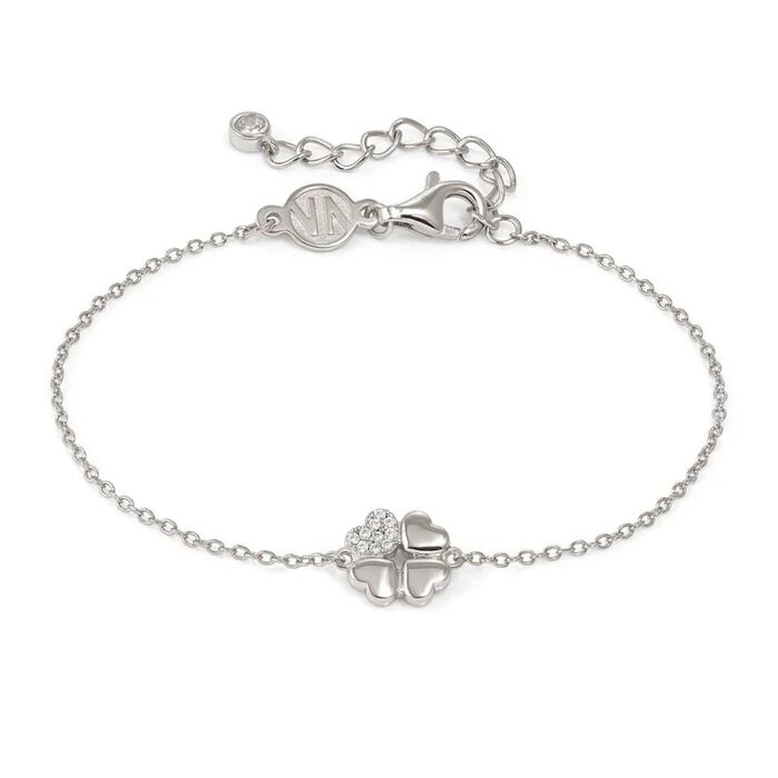 Pulseira Nomination prateada de malha fina e com um trevo de quatro folhas, uma delas com pedras.