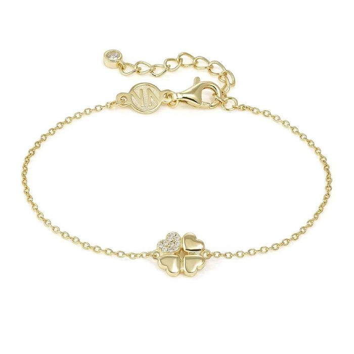 Pulseira Nomination dourada de malha fina e com um trevo de quatro folhas, uma delas com pedras.