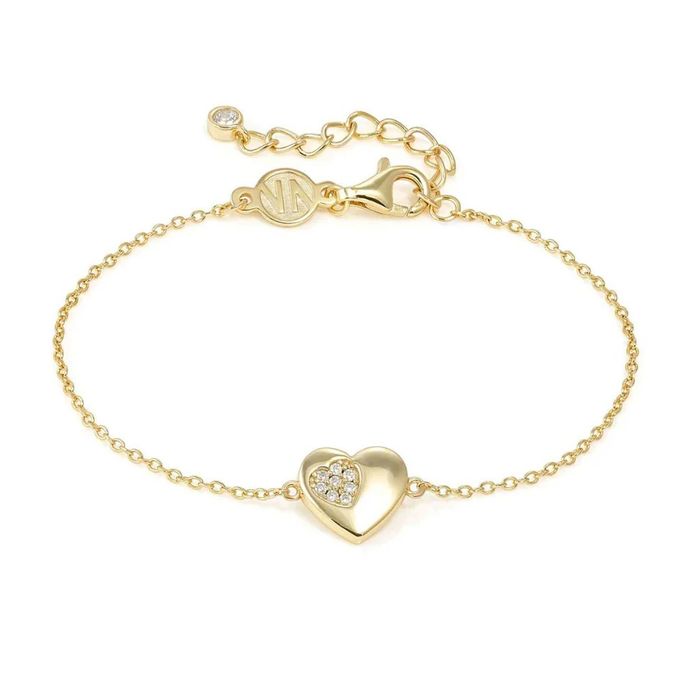 Pulseira Nomination dourada de malha fina e com um coração com um recorte com zircónias brancas.
