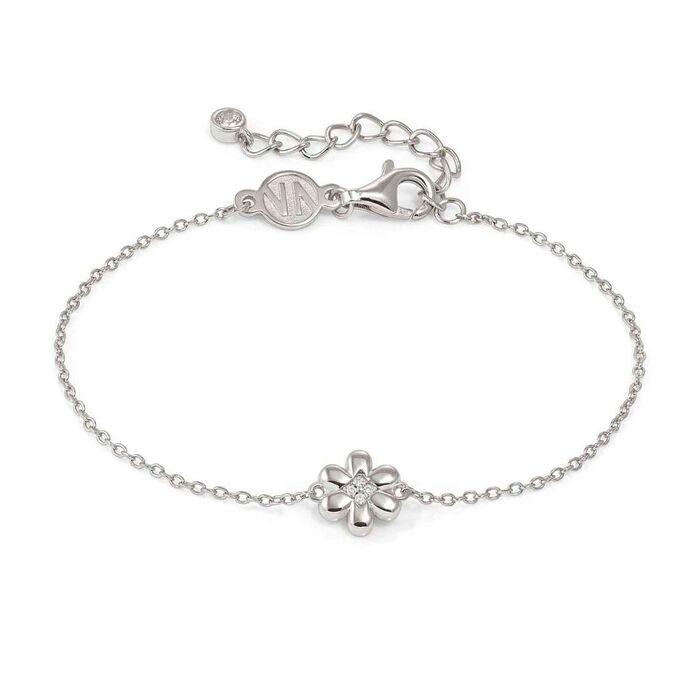 Pulseira prateada Nomination de malha fina e com uma flor com zircónias brancas no centro.