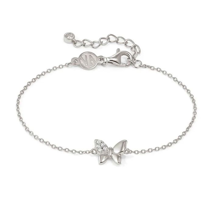 Pulseira prateada Nomination de malha fina e com uma borboleta com zircónias brancas numa asa.