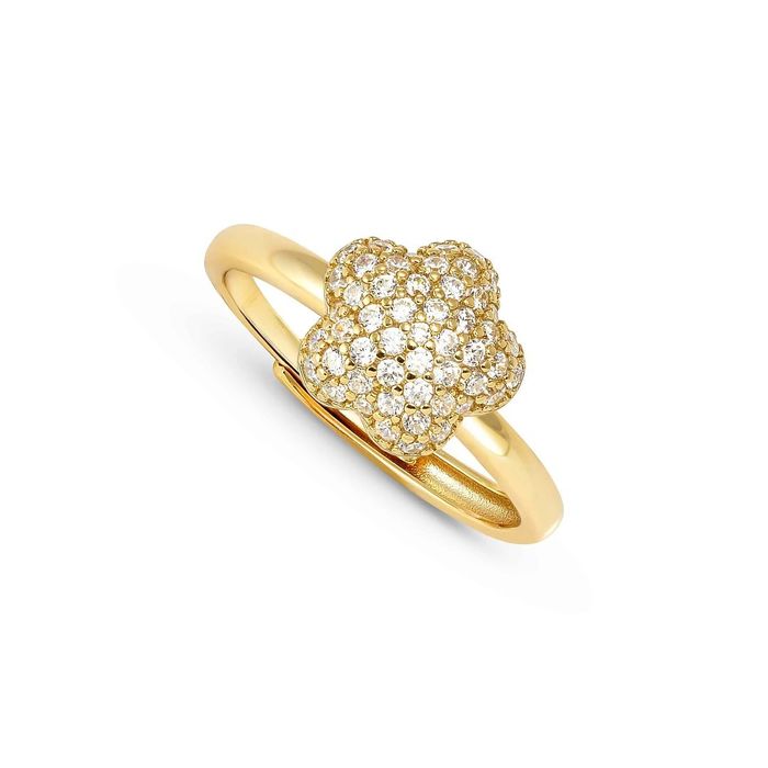 Anel dourado Nomination de aro polido e com uma flor abaulada com zircónias brancas cravadas.