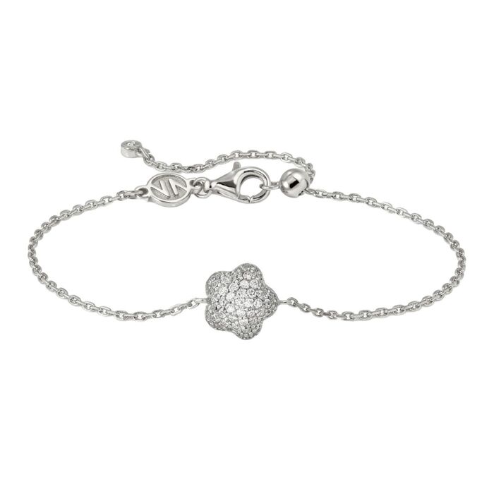 Pulseira Nomination prateada de malha fina e com uma flor abaulada com zircónias brancas.