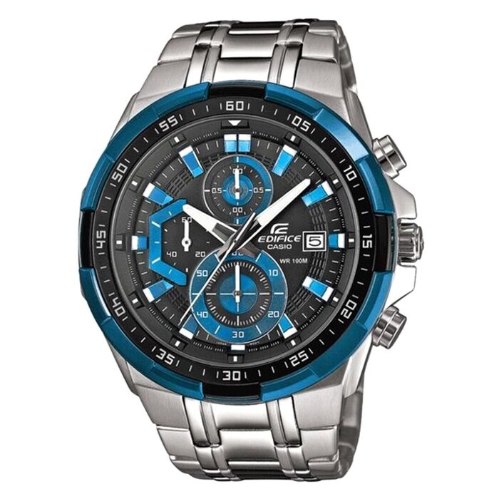 Relógio Casio Edifice com bracelete em aço e mostrador azul e preto, com cronógrafo e calendário.