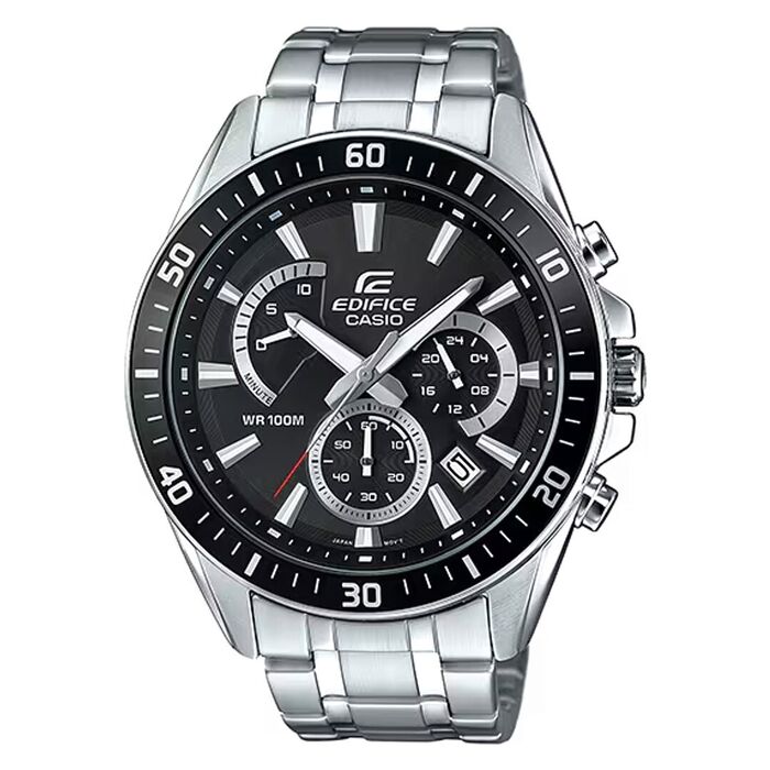 Relógio Casio Edifice com bracelete em aço e mostrador preto, com cronógrafo e calendário.