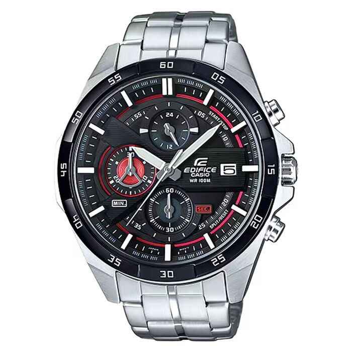 Relógio Casio Edifice com fundo preto e vermelho.
