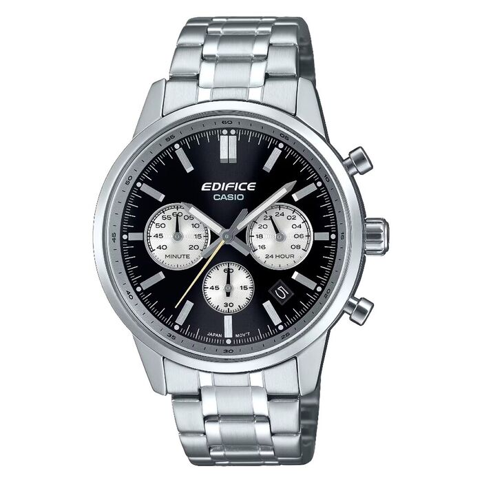 Relógio Casio Edifice com bracelete em aço e mostrador preto, com cronógrafo e calendário.