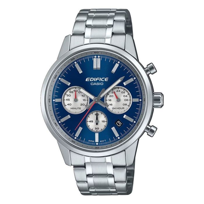 Relógio Casio Edifice com bracelete em aço e mostrador azul.