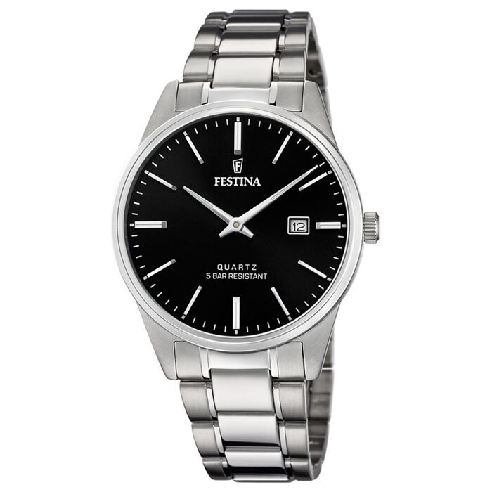 Relógio prateado Festina com um mostrador analógico preto, de ponteiros prateados e com calendário.