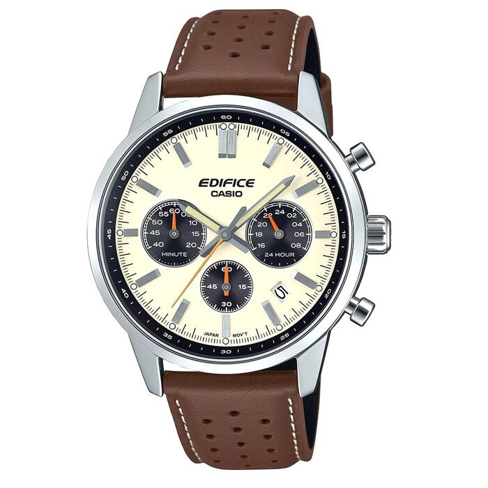 Relógio Casio Edifice com bracelete em pele castanha com função de calendário e cronógrafo.