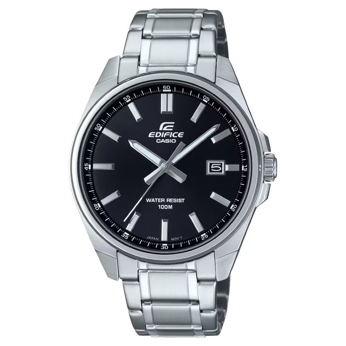 Relógios masculino Casio Edifice com bracelete prateada e mostrador preto.