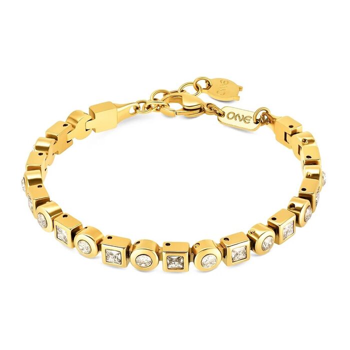Pulseira One dourada com uma malha de bases quadrada e circulares com zircónias brancas.