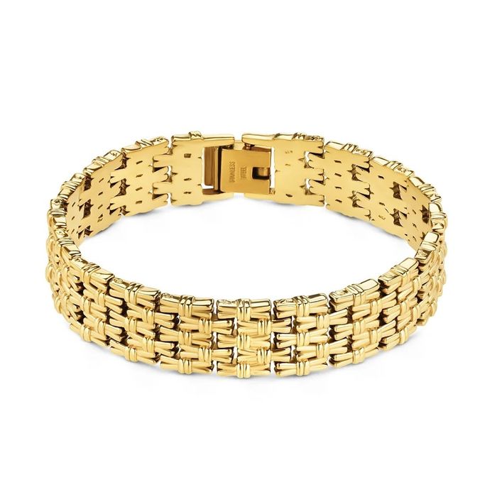Pulseira dourada One pousada com uma malha de elos entrelaçados.