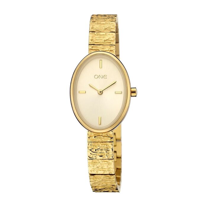 Relógio analógico One de bracelete dourada texturada e com uma caixa oval de mostrador dourado.
