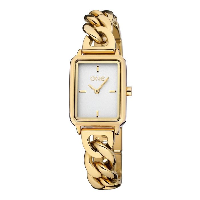 Relógio analógico dourado One de bracelete em elos e caixa retangular com um mostrador branco.