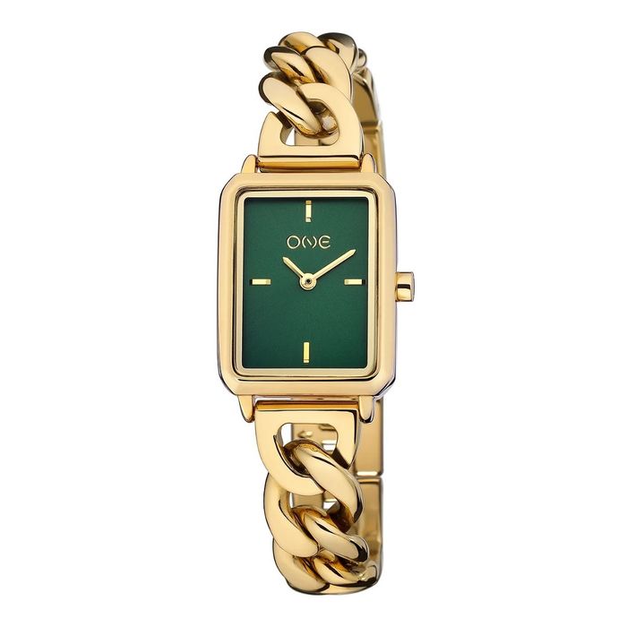 Relógio analógico dourado One de bracelete em elos e caixa retangular com um mostrador verde.