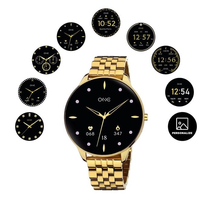 Smartwatch One de bracelete dourada com diferentes tipos de ecrãs personalizados à volta.