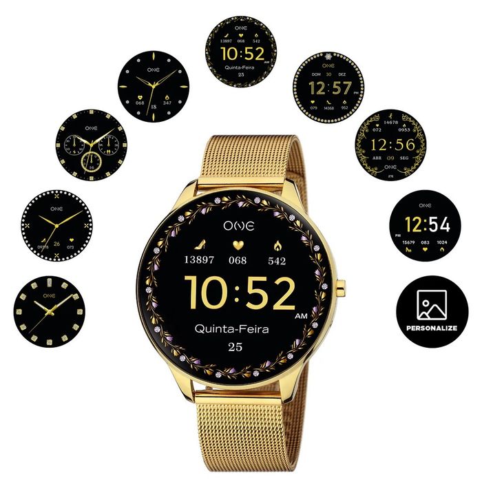 Smartwatch One de bracelete dourada com diferentes tipos de ecrãs personalizados à volta.