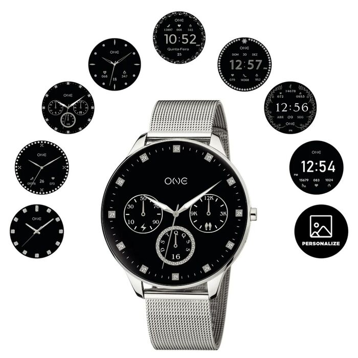 Smartwatch One de bracelete prateada com diferentes tipos de ecrãs personalizados à volta.