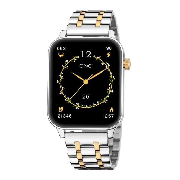 Smartwatch One de bracelete de bracelete dourada e prateada e caixa retangular.