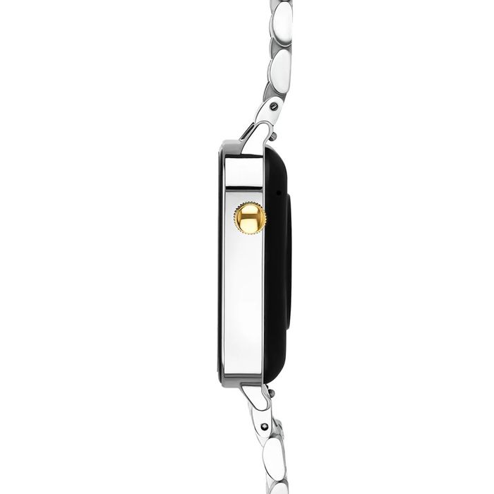 Smartwatch One de bracelete de perfil com bracelete prateada e caixa retangular.