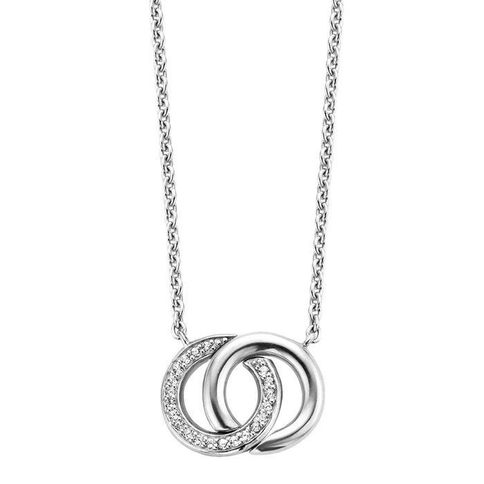 Colar prateado Ti Sento com pendente de dois aros circulares entrelaçados, um cravado de zircónias.