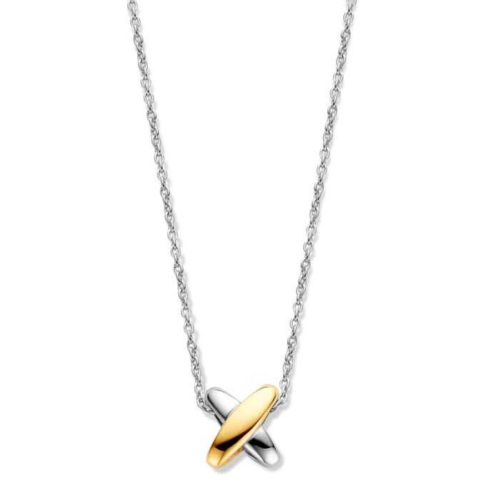 Colar Ti Sento com um pendente de dois elos, prateado e dourado, entrelaçados em forma de cruz.