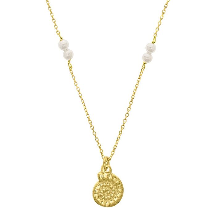 Colar dourado Eugénio Campos de malha fina com pérolas sintéticas e um pendente em forma de amonite.