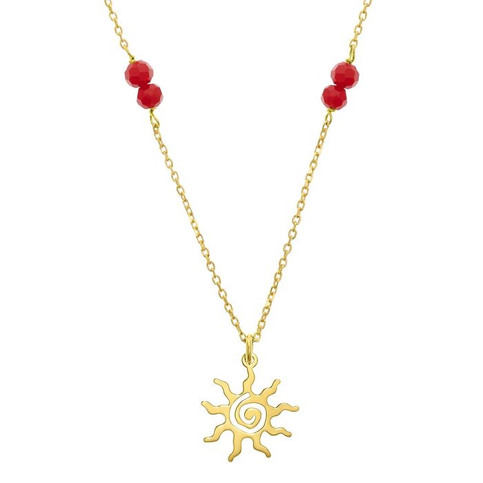 Colar dourado Eugénio Campos com contas vermelhas e um pendente em forma de sol.