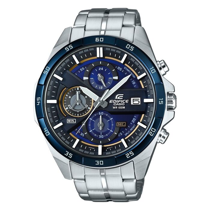 Relógio Casio Edifice com bracelete em aço e mostrador azul, com cronógrafo e calendário.