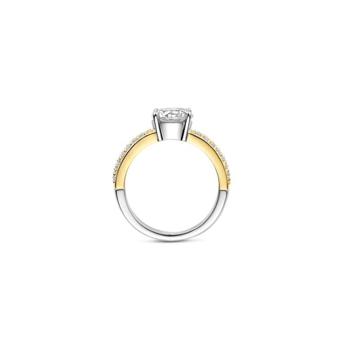 Anel TI SENTO bicolor prateado e dourado com zircónias no meio grande e pequenas no redor.
