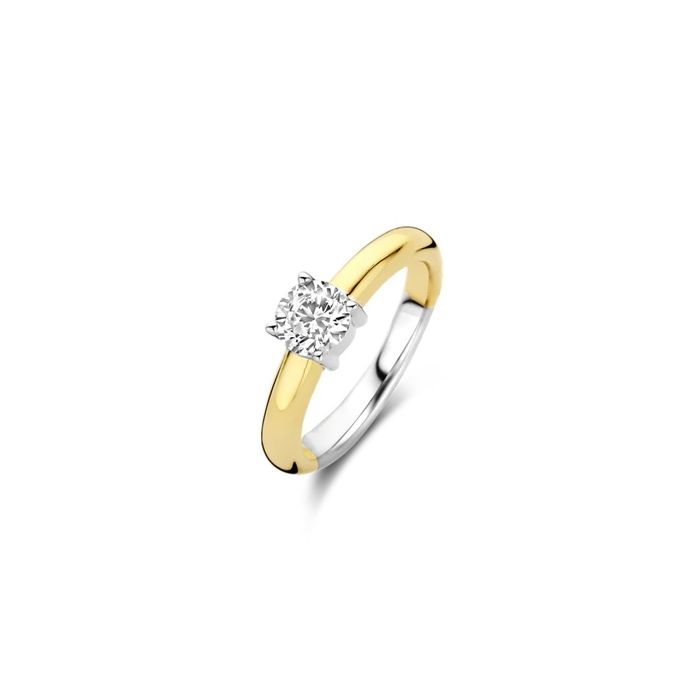 Anel TI SENTO Milano bicolor para mulher prateado e dourado com zircónia no meio.