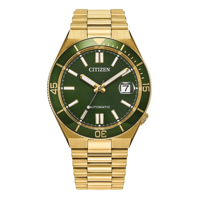 Relógio dourado Citizen com um bisel e mostrador analógico verde com calendário nas três horas.