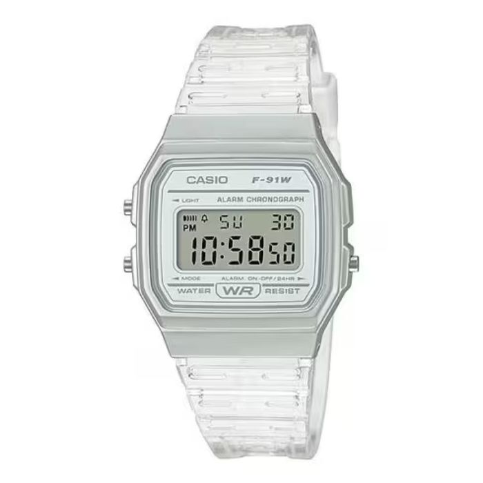 Relógop Casio digital com caixa e bracelete tranparente.