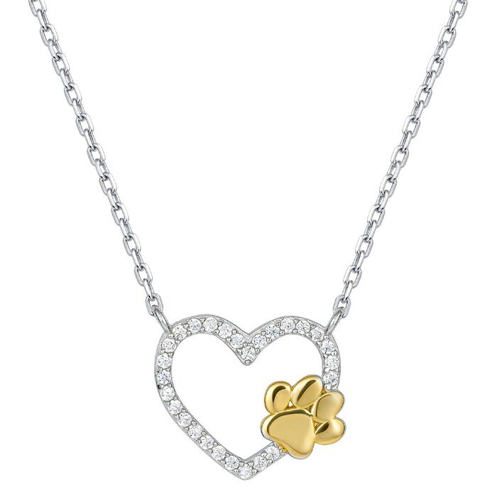Colar prateado Unike com um pendente em forma de coração com zircónias com uma pata dourada.