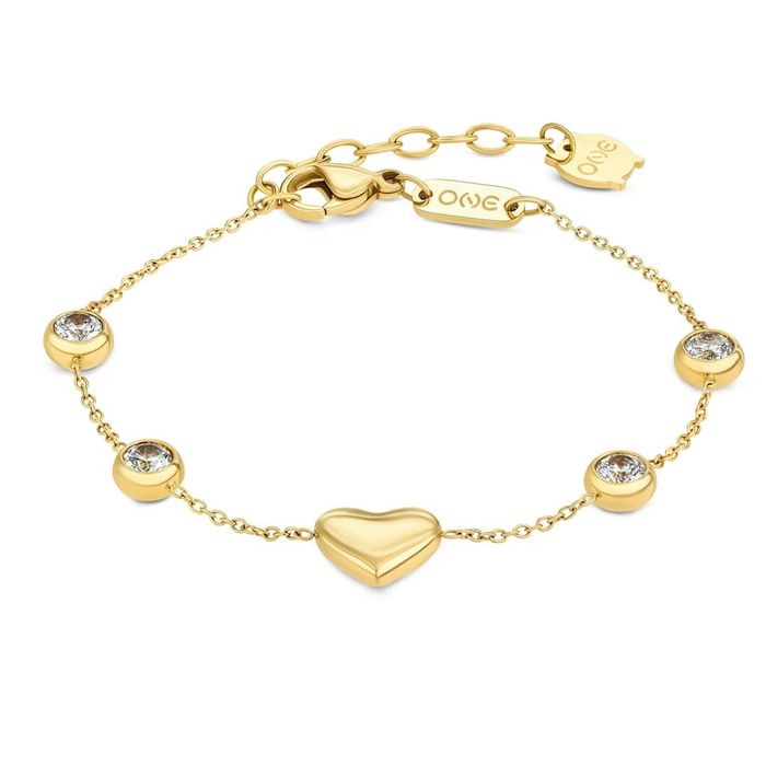 Pulseira One dourada com um pendente em coração e bases circulares com zircónias cravadas.