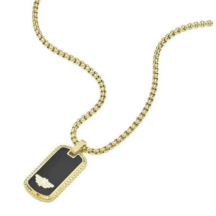Colar dourado da Police com um pendente estilo dog tag com o centro em preto e com o logo da marca.