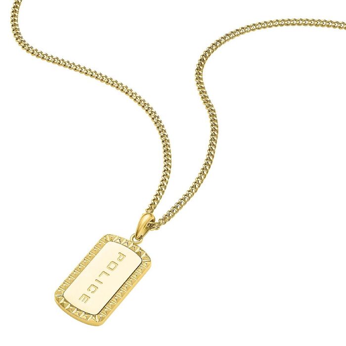 Colar dourado Police com um pendente retangular com o centro com o nome da marca inscrito.