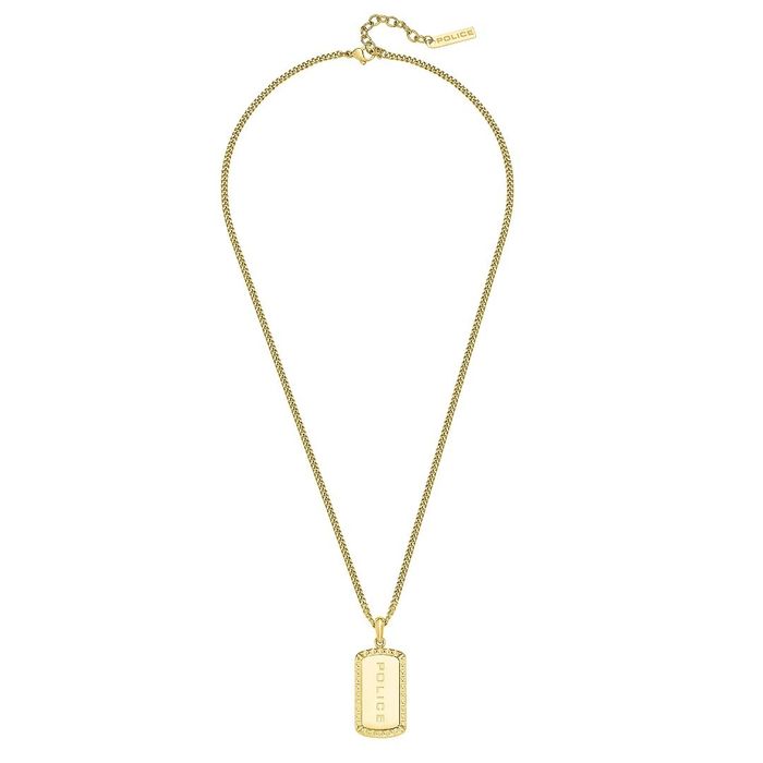 Vista completa de colar dourado Police com pendente estilo dog tag com o nome da marca inscrito.