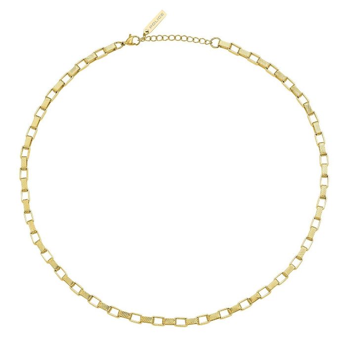 Colar dourado Police de fecho de tamanho ajustável e com malha de elos retangulares entrelaçados.