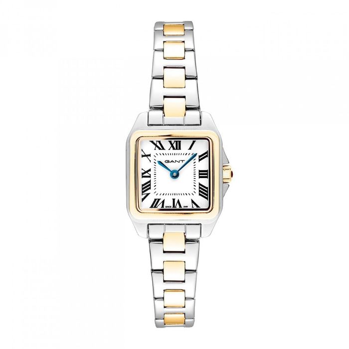 Relógio Gant feminino prateado e dourado com uma caixa quadrada e mostrador analógico.