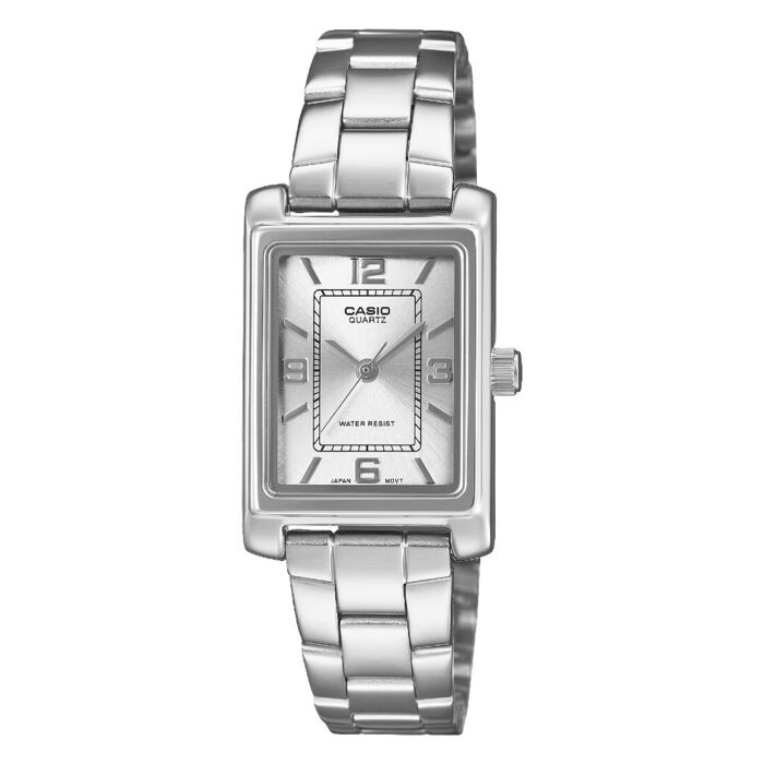 Relógio Casio prateado com uma caixa retangular com um mostrador analógico cinza.