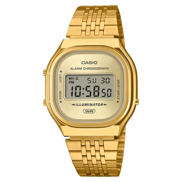 Relógio Casio com mostrador digital com bracelete e caixa dourados em aço inoxidável